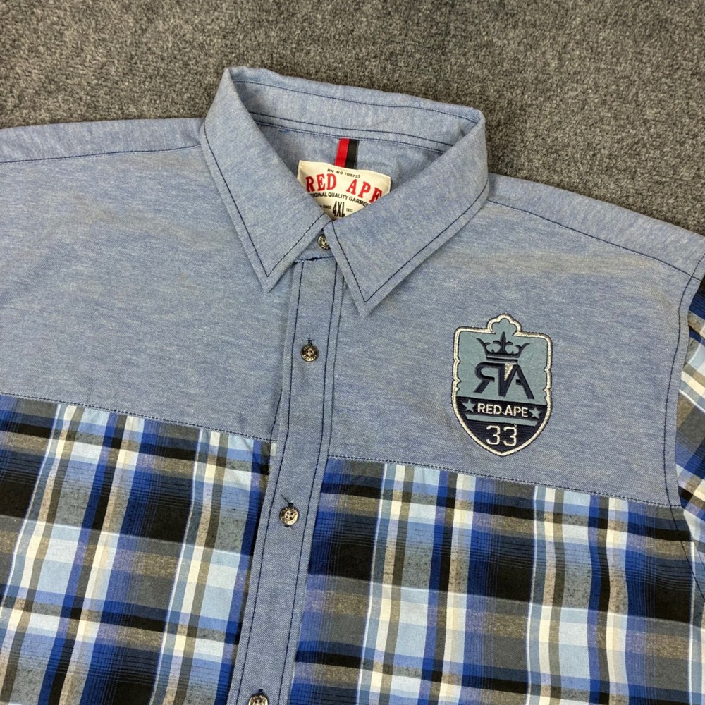 Red Ape Mens 4XL Short Sleeve Plaid Button Up Shirt Blue Mixed Media Crest Patch